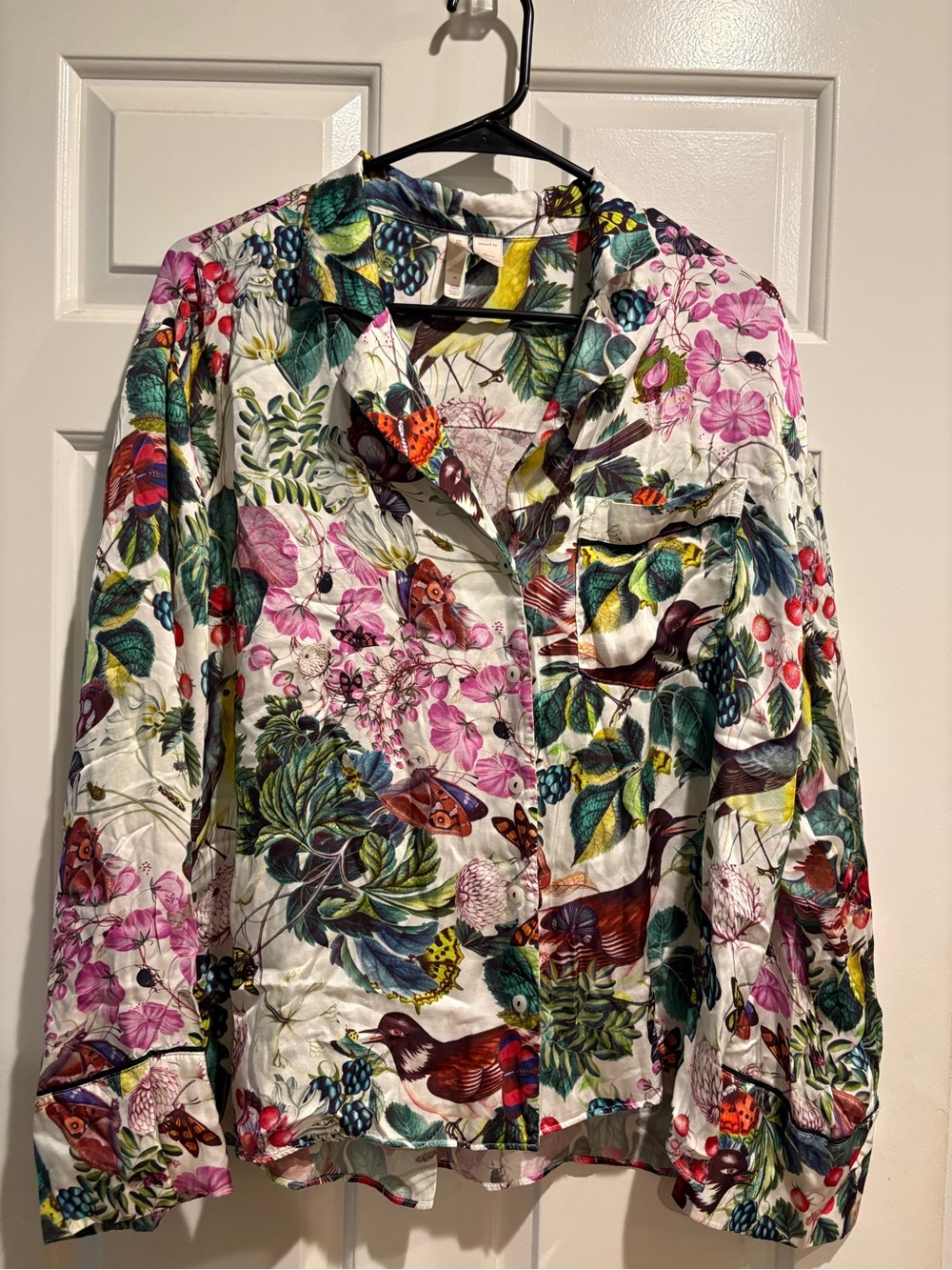 Anthropologie LyreBird Silky Oversized Pajama Shirt top floral birds sz M